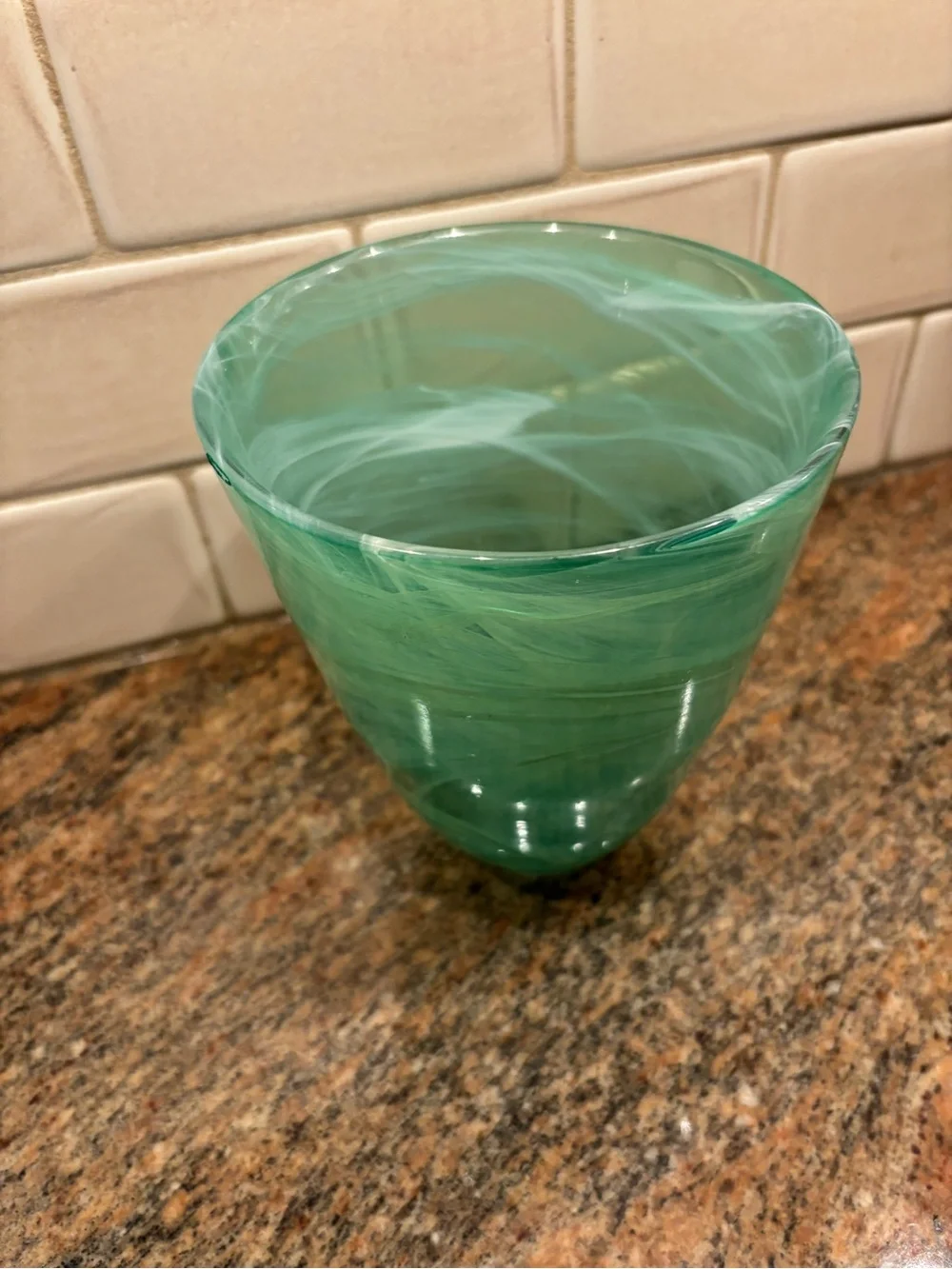 Murano Kosta Boda Style Green Marbled Swirled Glass Vase 7” Tall